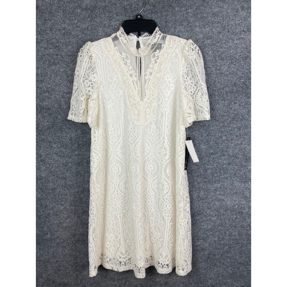 My Michelle Lace Dress Women's S White New Mock Neck Short Sleeve Shift Cocktail